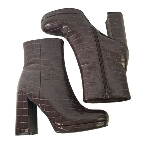 Rachel Zoe Size 7.5 M Mahogany Brown Croc Embossed MAYA Ankle Boot Platform Heel - Picture 6 of 16